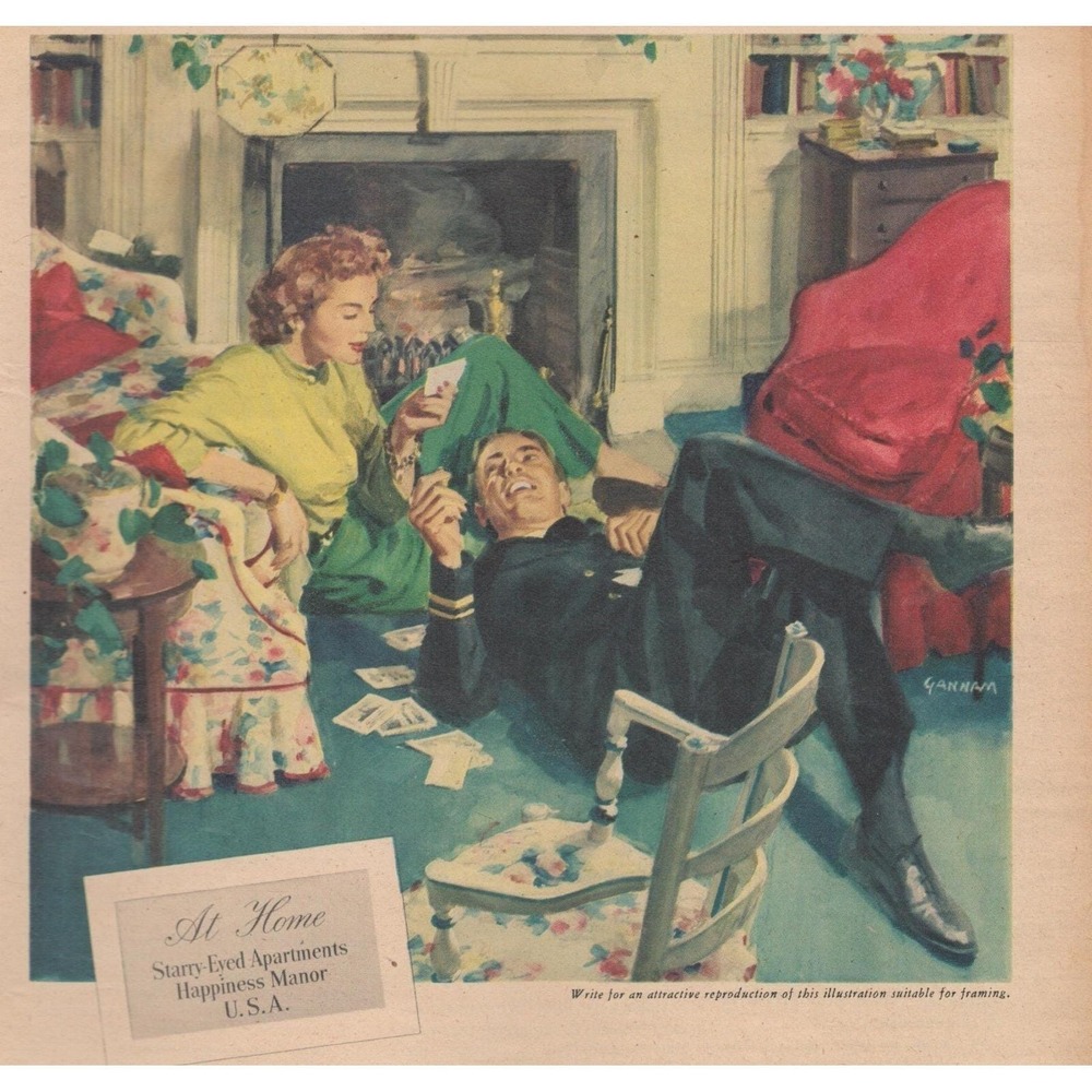 1946 Masland Broadloom Vintage Print Ad Romantic Couple Home Interior Fireplace